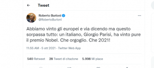 Il Nobel a Parisi, gioisce Burioni su Twitter