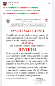 "No pistole e fucili in Municipio", il sindaco di Castelnuovo della Daunia affigge manifesto contro le minacce