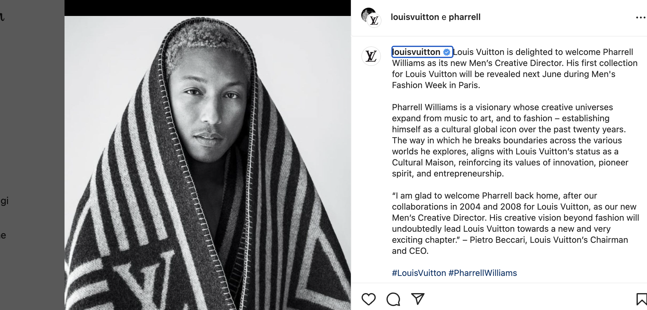 Pharrell Williams è il nuovo Direttore Creativo della linea uomo